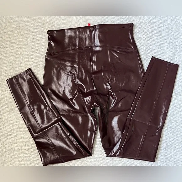 SPANX SHINY FAUX PATENT LEATHER LEGGINGS BURGUNDY/RUBY RED | Size: L - Picture 7 of 15